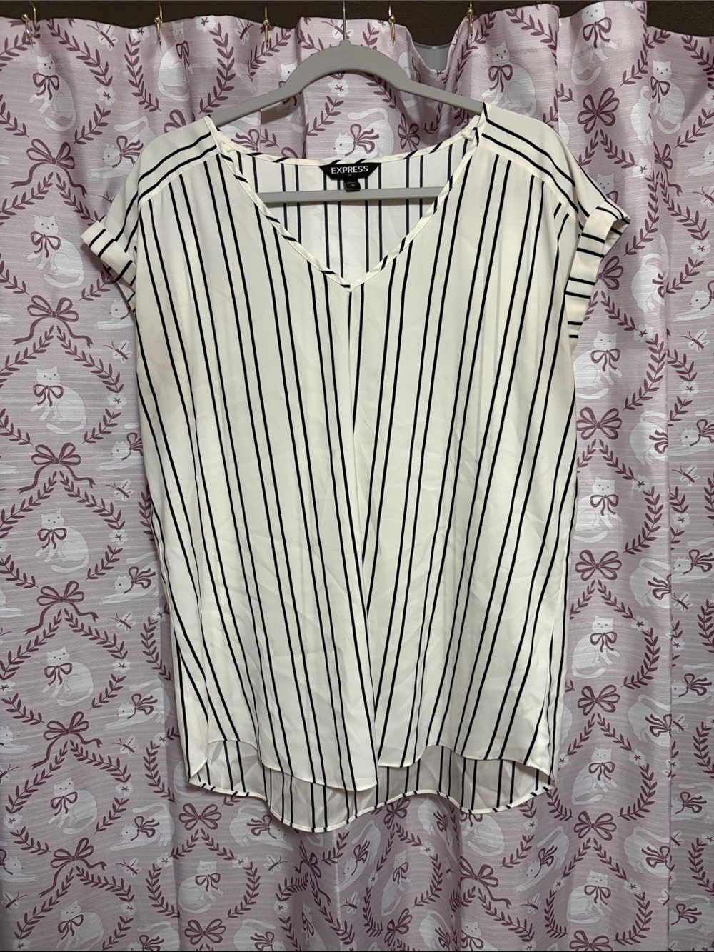 Express White and Black Vertical Stripe V-Neck Blouse